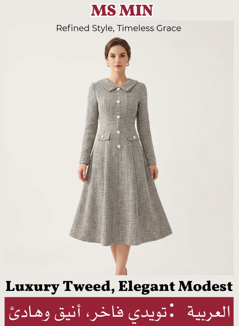 MS MIN Elegant Lapel Long-Sleeve Midi Dress, Tweed Fabric Waist-Cinching Modest Dress for Daily & Office - Image 1